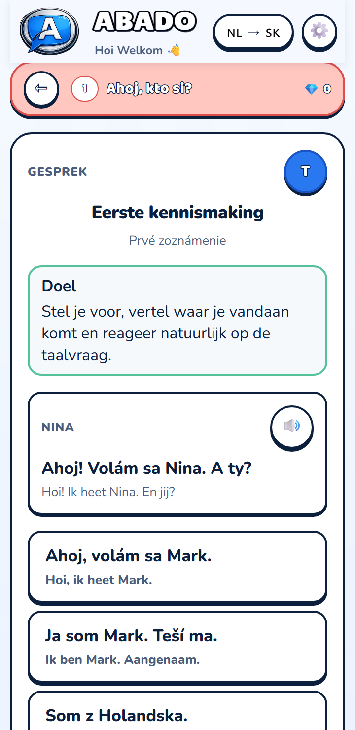 Abado-scherm met een gespreksoefening en zinnen in twee talen